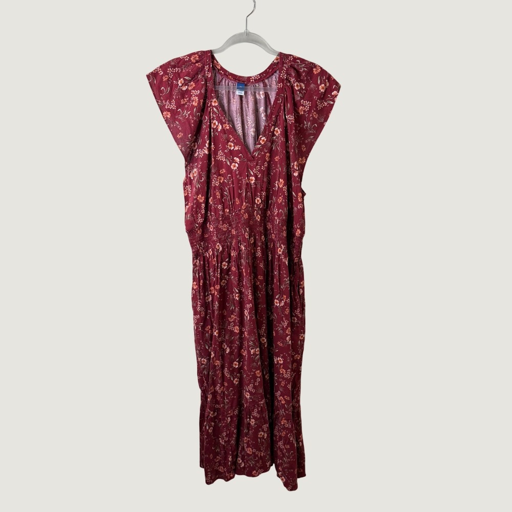 Old Navy Plunge V-Neck Maxi Dress Red Floral XL Cottagecore Boho Smocked Tiered